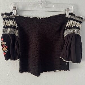 Xhilaration Black Smocked Off the Shoulder Crop Top Floral Accents Medium